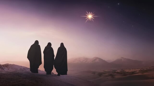 	Christmas background. Three wise men go to Bethlehem through the desert. Holy night, Bethlehem star