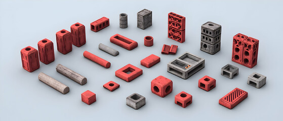 Abstract 3d Model Building Blocks Red Grey Shapes