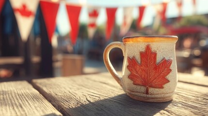 Maple leaf mug with frothy beer on rustic table, celebrating Canada Day with warmth and cheer