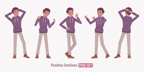 Young dark skin guy wearing purple hoodie happy pose set. City casual streetwear, daily leisure activities, everyday office work, vacation and street fashion. Vector flat style cartoon illustration