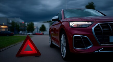 Red SUV with Warning Triangle on Cloudy Roadside