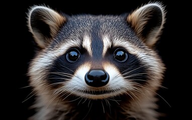 Close-up portrait of a curious raccoon against a black background.