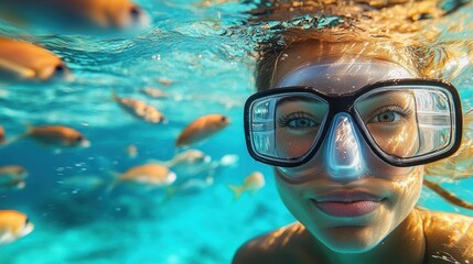 Fototapeta premium Close-up of a woman underwater wearing a diving mask surrounded by small orange fish in clear blue water, capturing a serene and adventurous moment