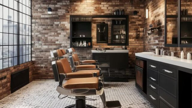 Barber chairs in modern barber shop interior