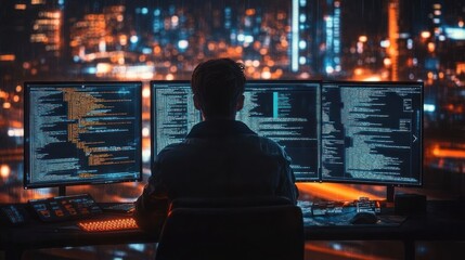Obraz premium Person sitting in a dark room working on multiple monitors displaying lines of code with a blurred cityscape in the background at night conveying focus and concentration