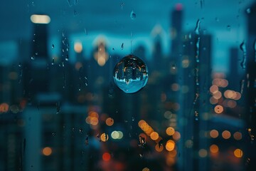 Macro Photograph of a Raindrop Sliding Down a Window Reflecting a Vibrant City Skyline at Night...