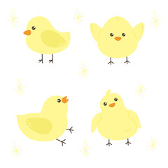 Cartoon baby chicken. Funny little birds. Easter character. Chick hatched from egg. Yellow mascot with different emotions. Sleeping or playing birdie. Domestic animal