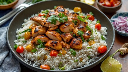 A delicious plate of mandi rice and grilled chicken