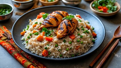 A delicious plate of mandi rice with grilled chicken
