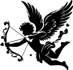 Fototapeta premium Angelic cupid silhouette shooting arrows with hearts in flight 