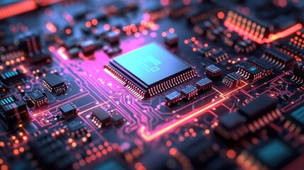Close-up of a computer circuit board with glowing neon pink and orange electrical pathways connecting various microchips and components under low lighting conditions