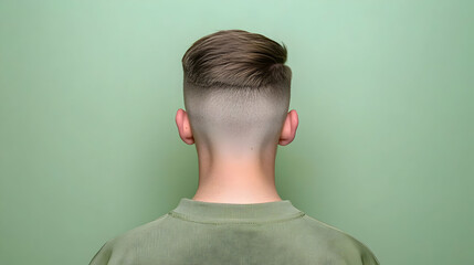 Back View Of Man With Short Haircut And Sage Green Sweater On Light Green Background