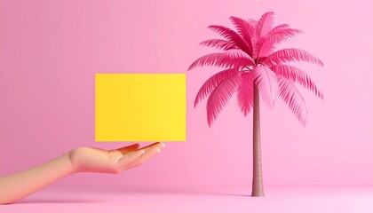 A hand holds a yellow square near a pink palm tree against a vibrant pink background, creating a playful and colorful scene