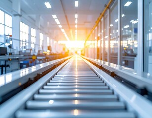 Modern conveyor belt in industrial environment with sunrise lighting