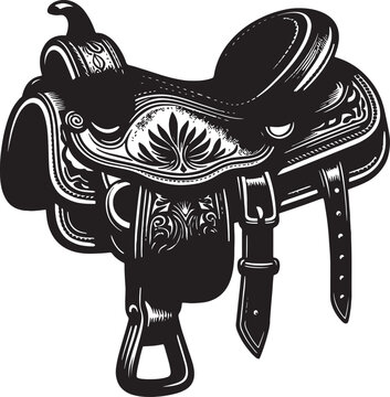 A detailed black and white drawing of a western horse saddle with ornate designs