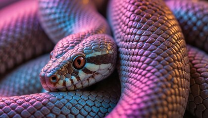 Fototapeta premium Colorful snake coiled on a surface with a captivating blend of purple and pink lighting in a dark setting