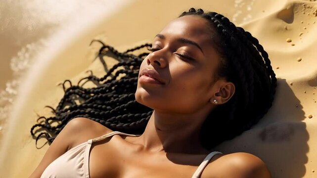 Black African American woman snoozing on the sand at the beach, happy holiday
