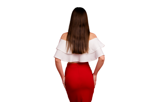 Rear back behind view of her she nice-looking attractive lovely perfect well-groomed feminine slender lady posing in smart clothing isolated over bright vivid shine red background