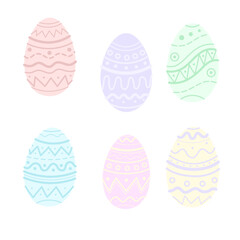 Six colorful Easter eggs with multiple pattern isolated on white background