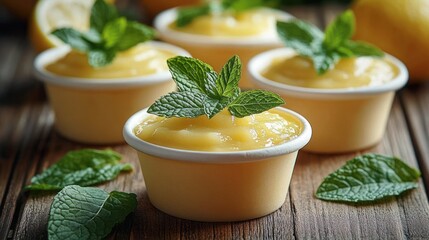 Close-up of creamy yellow dessert cups garnished with fresh green mint leaves on wooden surface conveying freshness and appeal