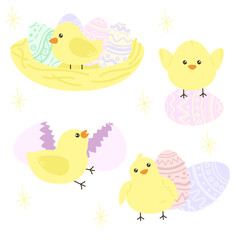 Cartoon baby chicken. Funny little birds. Easter character. Chick hatched from egg. Yellow mascot with different emotions. Sleeping or playing birdie. Domestic animal