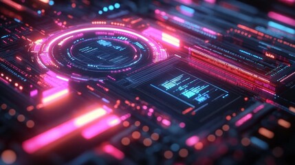 Fototapeta premium Close-up view of futuristic digital circuit board with glowing neon pink and blue lights and data displays conveying advanced technology and innovation