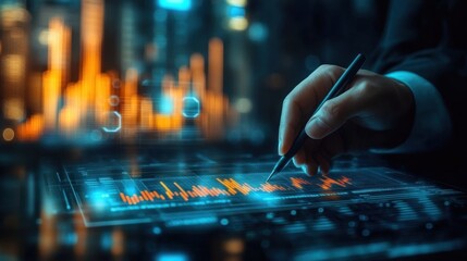 Person interacting with a futuristic digital financial chart displaying orange bar graphs and data on a transparent touchscreen interface in a dark setting