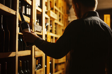 Man Selecting Wine Bottle in Cellar
