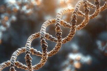 Close-up view of a luminous, detailed double helix DNA strand structure with a glowing effect, set against a blurred molecular background depicting genetic complexity