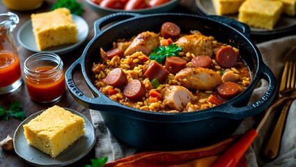 Aromatic chicken and sausage jambalaya in cast iron pot