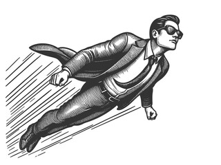businessman in a suit soaring through the air like a superhero sketch engraving generative ai fictional character raster illustration. Scratch board imitation. Black and white image.