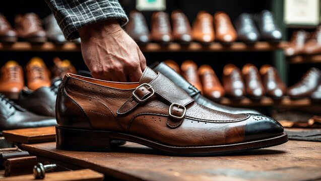 Artisan crafting stylish men's footwear in workshop - Powered by Adobe
