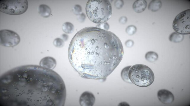 Essence liquids under microscope. Cosmetic research. Hyaluronic acid bubbles for creams, facial serums, hair care, essential oils. Cosmetic advertising, 3D animation.