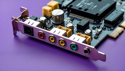 Audio card isolated on purple background close up