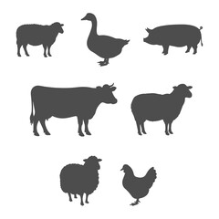 Collection of farm animal silhouettes featuring cow, pig, sheep, chicken, and duck side views, vector graphic illustration on transparent background, perfect for farming, agriculture, rural designs

