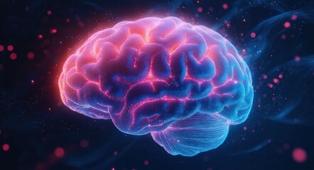 Obraz premium Glowing human brain with vibrant neural network activity illuminated in pink and blue tones against a dark background, symbolizing intelligence and brain function