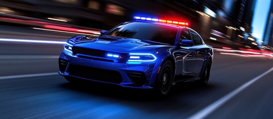 Fototapeta premium Blue police car speeding, city night, blurred lights, emergency