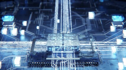 Dynamic close up of futuristic chip and motherboard connections. Microchip activation and power supply system. High performance CPU chip under blue neon light. Artificial intelligence, 3d animation. - Powered by Adobe