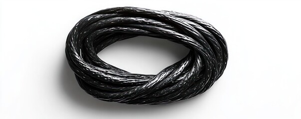 Coiled black electrical cables twisted together on a white surface with shiny texture and detailed strands