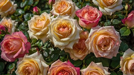 Obraz premium Peach Roses with Water Droplets in Garden