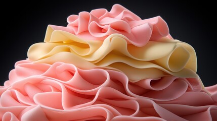 A stack of ruffled pink and yellow fabric.