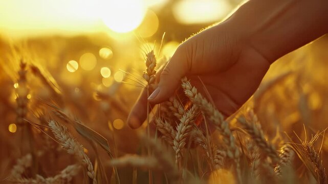 A hand touches the ears of wheat in the field. Harvest time