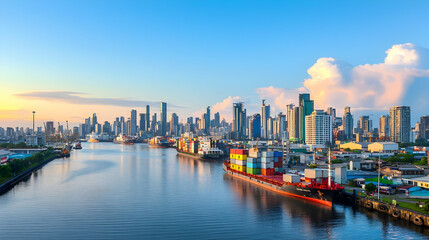 Obraz premium Sunrise Over Modern City Port Panorama