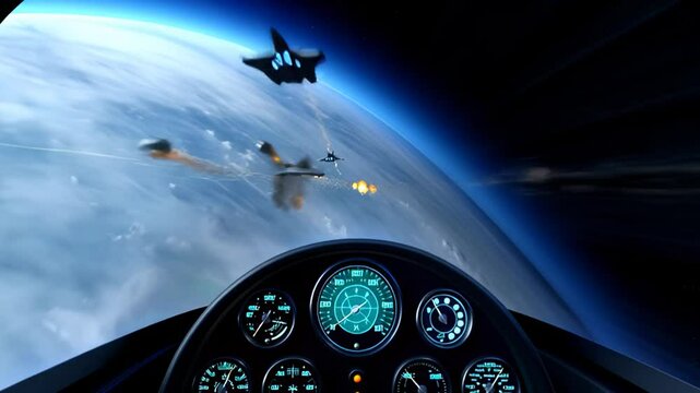 Spaceship cockpit view of high-speed pursuit and aerial combat above Earth, featuring futuristic fighter jets in an intense sci-fi space battle.
