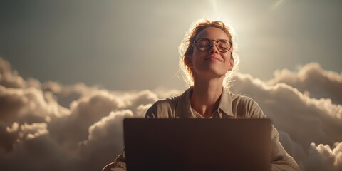 Woman Meditating on Cloud with Laptop is a professional-grade stock image suitable for editorial use, social storytelling, cultural representation, and marketing visuals.