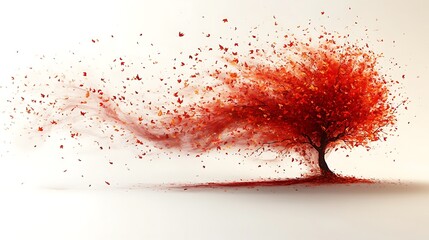 Autumnal tree, vibrant colors, windswept leaves