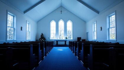 Obraz premium Interior of a tranquil church with wooden pew seating and natural light