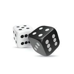 White photorealistic 3d cube for games. Dice icon in flight closeup isolated on white background. Vector illustration.