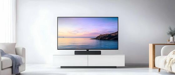 Modern Living Room With Tv And Sunset Seascape