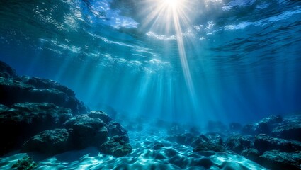 Breathtaking ocean blue underwater scene illuminated by sunrays